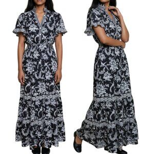 Max Studio Black & White Floral Ruffle Boho Cottagecore Maxi Dress Women's XS